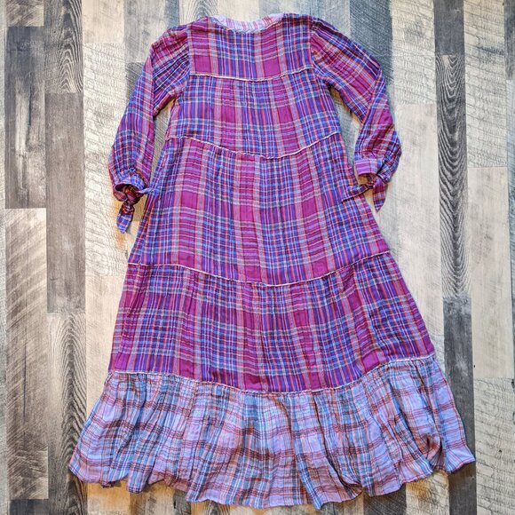 Anthropologie Tiered Plaid Maxi Dress Cotton Purple Pink - Picture 3 of 7